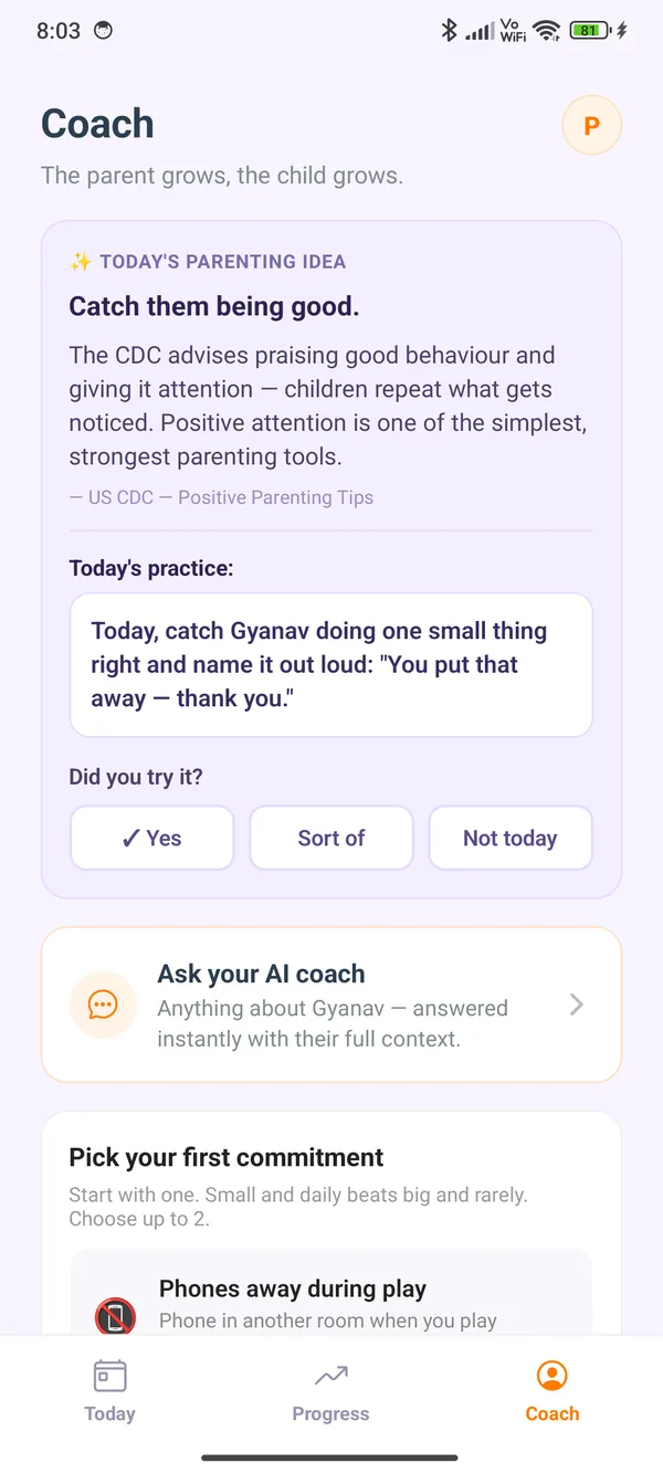 ProParents app coach lesson explaining the parenting science