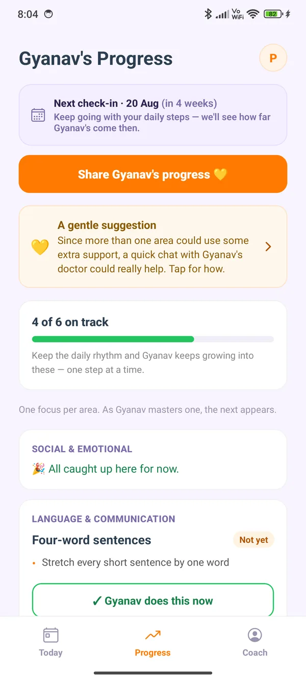 ProParents app progress screen with streaks and daily wins